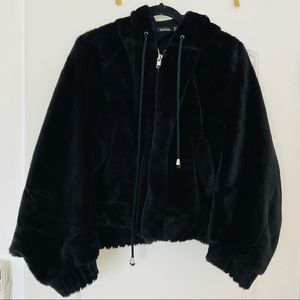 Boohoo Faux Fur Mink Black Zip Hoodie Jacket